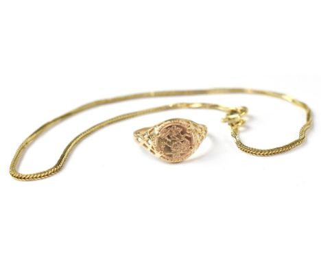 A 9ct gold thin bracelet with hoop clasp, length approx 24cm, a small 9ct gold ring with central small coin-style panel, size