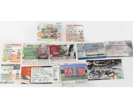MANCHESTER UNITED; a group of ticket stubs for various games, four bearing signatures including Dennis Law and seven unsigned