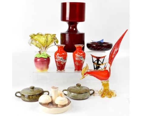 A small quantity of vintage glassware to include a retro ruby glass vase, a pair of decorative red glass baluster vases with 