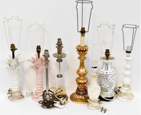 A group of eight various table lamps to include a blanc-de-Chine pierced work example in the Oriental style, a pink and white