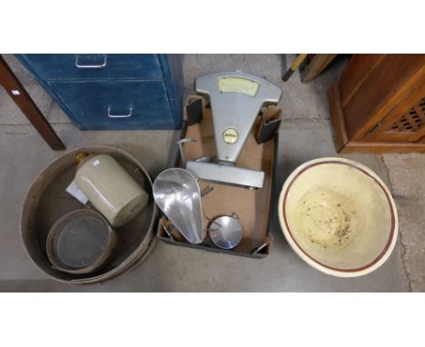 A set of vintage Avery scales, a stoneware flagon, Tian bowl, etc. 