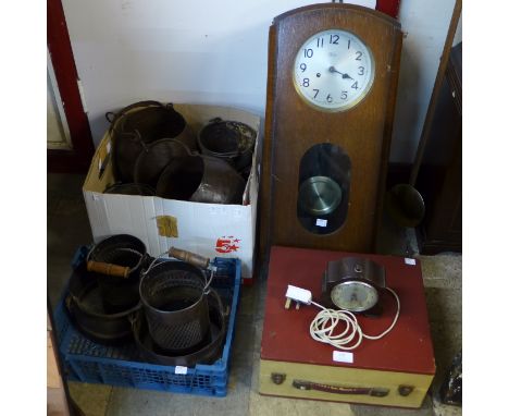 An oak wall clock, a Smiths Sectric electric timepiece and a vintage Gramette portable record player 