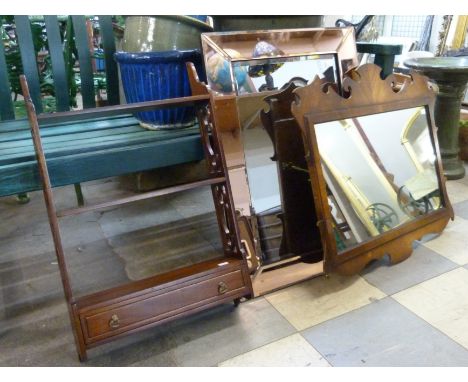 A George II style Bevan Funnel mahogany framed mirror, an Art Deco style peach framed mirror and a wall shelf 