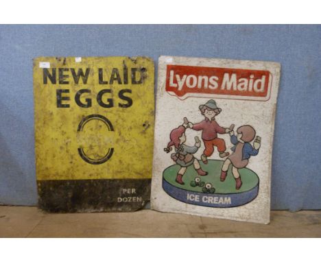 Two vintage metal signs, Lyons Maid and New Laid Eggs 