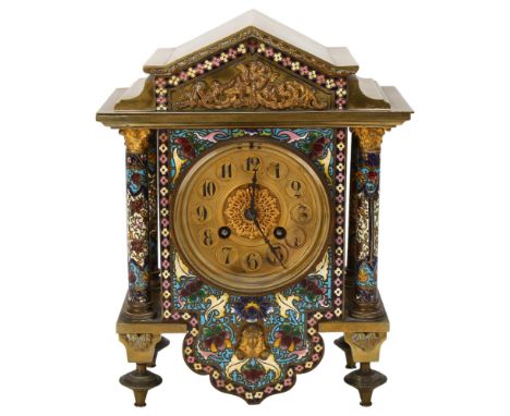 19th century brass and champleve enamel cased architectural mantel clock, the case flanked by 4 enamel Corinthian columns, 8-