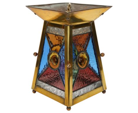 A Victorian brass hanging lantern light shade, with coloured glass leadlight panels, height 29cm, width 18cm1 small coloured 