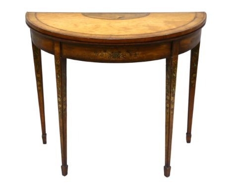 A 19th century satinwood demi-lune fold over card table, with rosewood inlaid top, the base having bands of hand painted flow