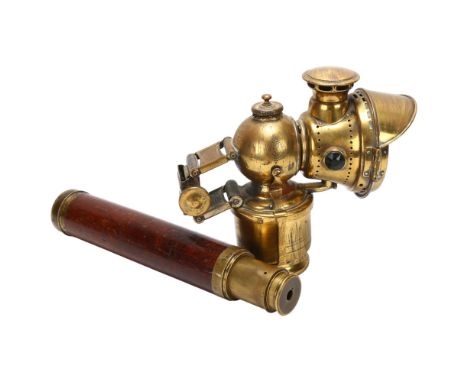 A Lucas no. 317 carbide cycle lamp no. 317, circa 1920, and a brass and mahogany 4-draw telescope, by Bleuler of London, leng