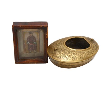An Iranian brass begging bowl, with engraved decoration, length 13cm, and a miniature Chinese pressed tin portrait in glazed 