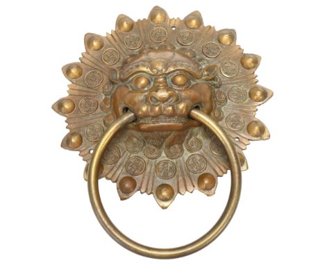 A Chinese cast-brass dragon mask design door knocker, width 20cm 