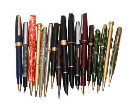 A group of 17 vintage fountain pens, pencil and ballpoint pens, includes Parker, Sheaffer, Watermans etcCondition varies,  so