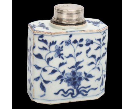 An 18th century Chinese porcelain tea caddy, with painted decoration and unmarked white metal top, height 10.5cm2 chips under