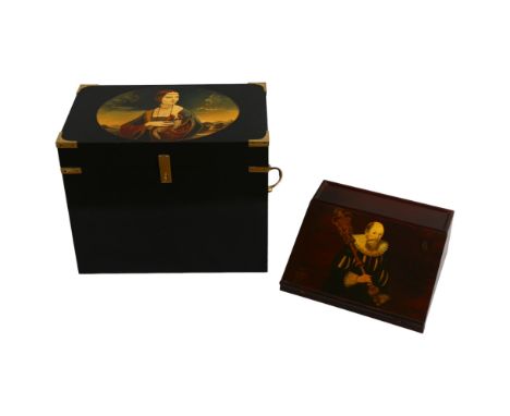 A contemporary brass-bound painted wood trunk, with painted lid, 51cm x 30cm, height 41cm, and a similar writing box with han