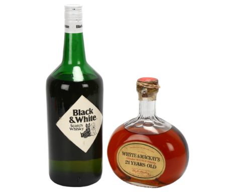 2 bottles of vintage blended Scotch Whisky, Black & White, Buchanan's 1 1/5 Quart bottle 86.8% proof, Whythe & Mackay's 21 Ye
