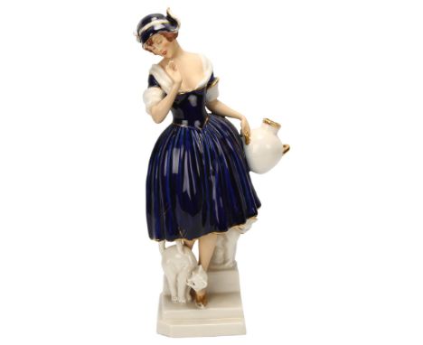 A Royal Dux, Art Deco ceramic group of a woman and cat, makers marks under base, height 32cmGood condition, no chips, cracks 