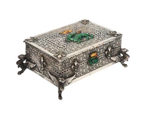 A French cut-steel filigree jewel box, on cast griffon feet, width excluding projecting feet 9.5cmThere is a very light dent 