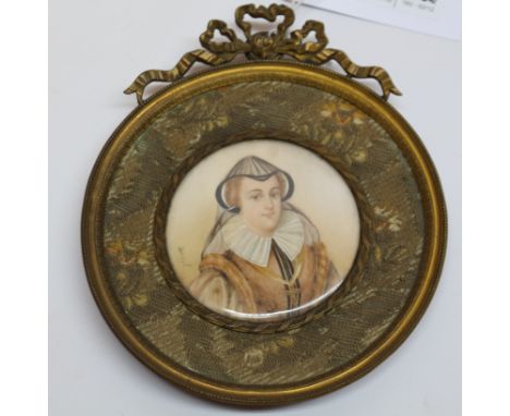 Derval (19th century): 'Marie Stuart', circular miniature portrait on ivory signed, titled verso 7cm in gilt brass frame Cond