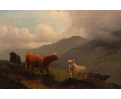 Henry R Hall (British fl.1895-1902): Highland Cattle, pair oils on canvas signed and dated '90,  30cm x 45cm (2) Condition Re