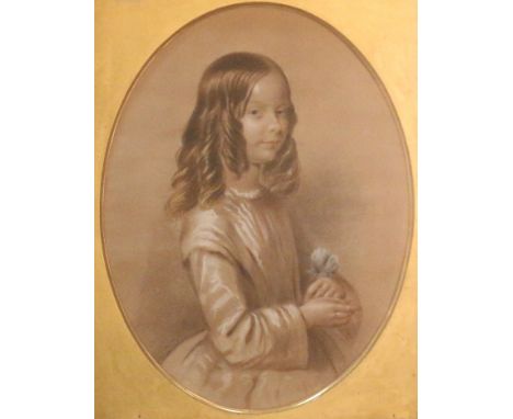 English School (19th century): Half length Portrait of a Girl with a Flower, oval charcoal pastel and watercolour unsigned 65