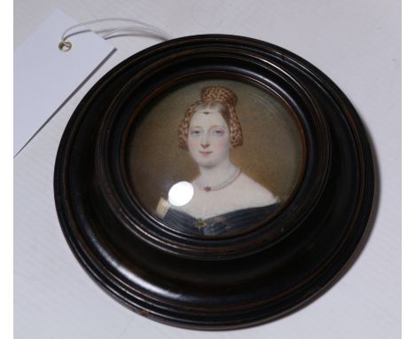 English School (19th century): Portrait of a Regency Lady, circular miniature on ivory unsigned 7cm in turned ebonised frame 