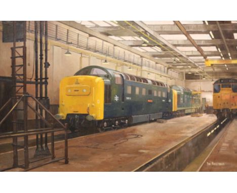 Don Micklethwaite (British 1936-): Engine Shed with Deltic Class 55 Diesel Locomotive, oil on canvas signed 49cm x 76cmDDS - 