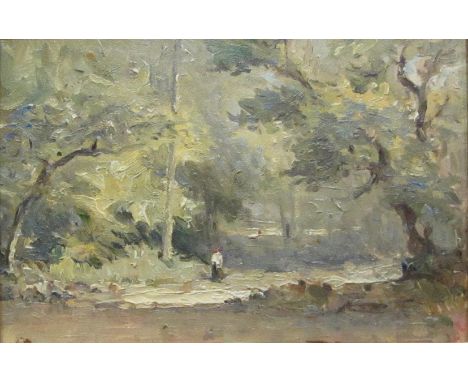 Samuel Lamorna Birch (Newlyn School 1869-1955): Figure in Woodland Glade, oil on paper laid on panel signed under mount 18cm 