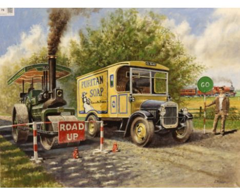 Robert Nixon (British 20th century): 'Puritan Soap Van and Derby County Council Steam Roller', oil on canvas board signed, or