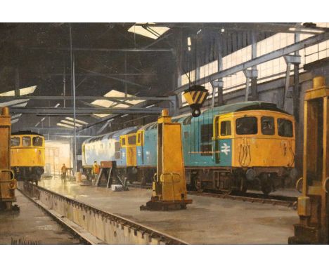 Don Micklethwaite (British 1936-): 'Eastleigh Locomotive Engine Works', oil on canvas board signed 41cm x 60cmDDS - Artist's 