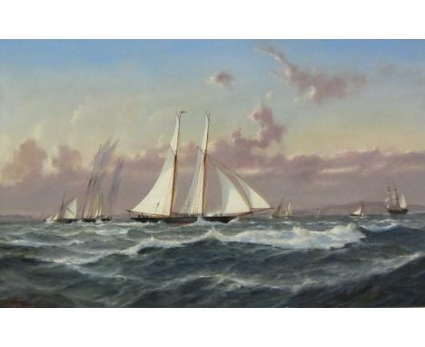 Robert Moore (British 1945-): 'The Schooners' - America's Cup 1852, oil on panel signed, titled and dated 1989 verso  29cm x 