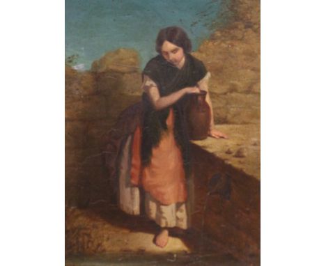 J M Charnock (19th century): 'Rustic Girl at the Fountain', oil on panel signed and dated 1866, titled verso 41cm x 31cm Cond