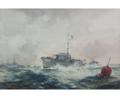 Frank Henry Mason (Staithes Group 1875-1965): 'Royal Navy ML49 on patrol off Coquet Island Lighthouse', watercolour signed an