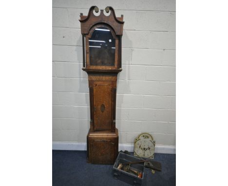 A GEORGIAN OAK AND MAHOGANY CROSSBANDED EIGHT DAY LONGCASE CLOCK, with a painted dial, height 213cm, with two weights (condit