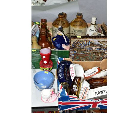 TWO BOXES AND LOOSE BREWERYANIA, NOVELTY / PROMOTIONAL CERAMICS AND GLASSWARE, ETC, including a Murano style glass clown head