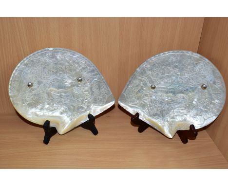 A PAIR OF 19TH CENTURY CHINESE CARVED MOTHER OF PEARL DISHES, both with battle scenes and fish, fitted with silver plated bal