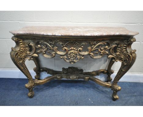 A FRENCH GILTWOOD  CONSOLE TABLE, with a marble top, open foliate scroll detail, on four shaped legs, united by a shaped stre