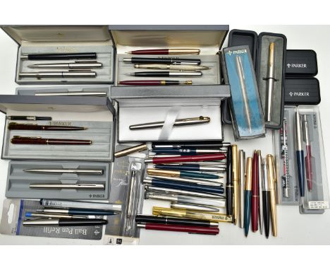 A BOX OF ASSORTED 'PARKER' PENS, to include a lady Duo-fold, Frontier roller ball, a cased Sonnet French fountain pen, a boxe