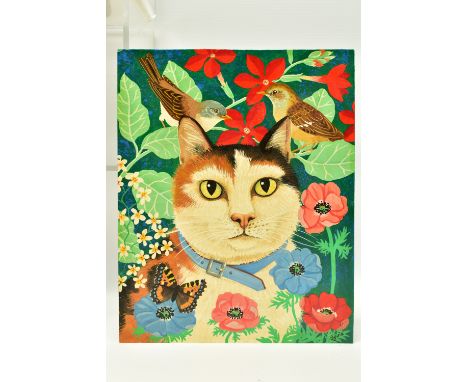 SYLVIA TREADGOLD (BRITISH 20TH CENTURY) A NAIVE PORTRAIT OF A CAT, wearing a blue collar, the cat is surrounded by birds and 