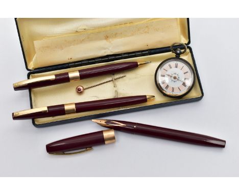 AN EARLY 20TH CENTURY STICK PIN, A 'SHEAFFER' SET AND A POCKET WATCH, a rose yellow metal small stick pin, set with a circula