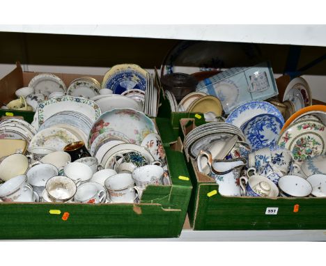 FOUR BOXES OF ASSORTED CERAMICS, to include a Wedgwood Queens Ware covered tureen, a large oval meat plate, tea wares, dinner