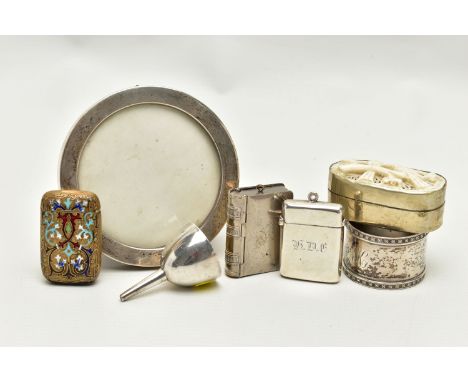 A SMALL PARCEL OF SILVER AND PLATED ITEMS, comprising a Victorian vesta case, engraved initials, Birmingham 1889, a miniature