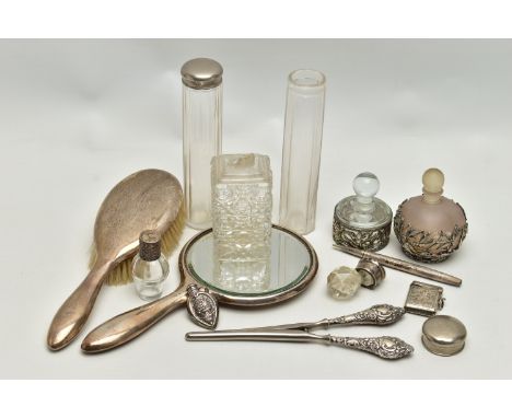 ASSORTED SILVER AND WHITE METAL ITEMS, to include a vanity hair brush and hand held mirror, both of a polished design, the mi