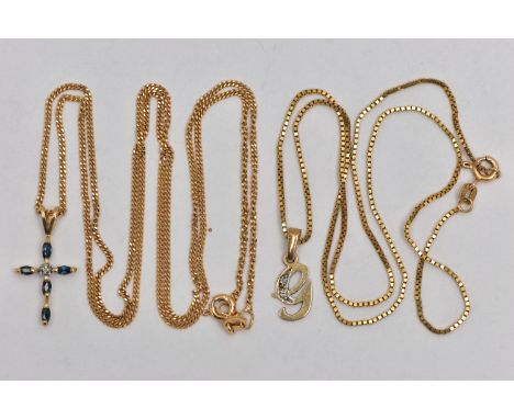 TWO PENDANT NECKLACES, the first a cross pendant set with a small single cut diamond to the centre in a surround of five marq