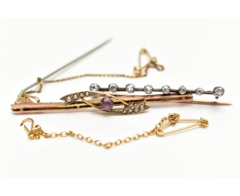 TWO EARLY 20TH CENTURY BROOCHES, to include a diamond set bar brooch, set with eight old cut diamonds, to the knife edge bar,