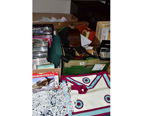 FOUR BOXES AND LOOSE CDS, ART MATERIALS, CAMERAS, STORAGE BOXES AND SUNDRY ITEMS, to include approximately sixty CDs, artists