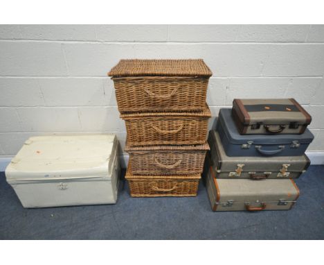 FIVE WICKER PICNIC BASKETS, along with a painted tin trunk, and four various suitcases (9)