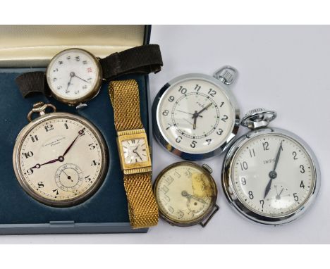 AN ASSORTMENT OF WATCHES, the first a 'Smiths' pocket watch, a white metal pocket watch, signed 'Universal Watch Prima', insi