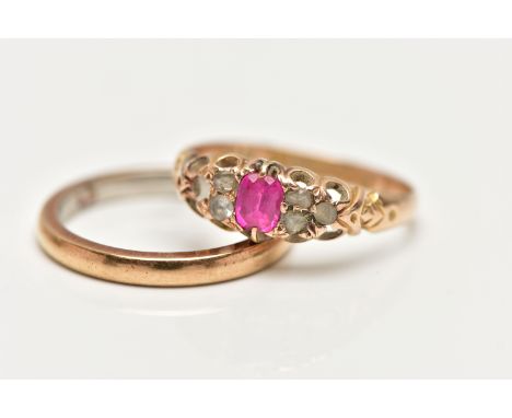 A LATE 19TH CENTURY 15CT GOLD GEM SET RING AND A YELLOW METAL BAND RING, the first an oval cut ruby, set with mixed cut diamo