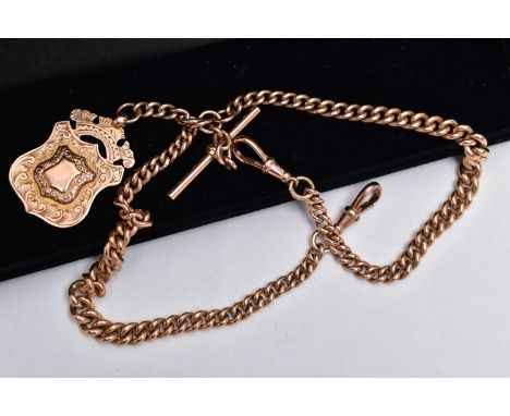 AN EARLY 20TH CENTURY, 9CT ROSE GOLD DOUBLE ALBERT CHAIN AND FOB MEDAL, two graduated curb link chains, each link is stamped 