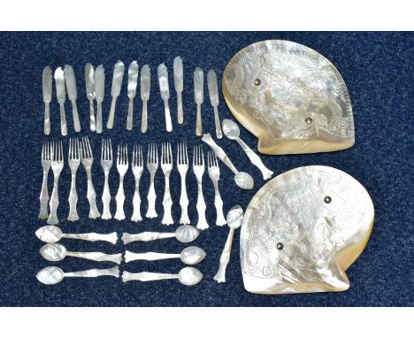 TWO 19TH CENTURY CARVED MOTHER OF PEARL DISHES AND A QUANTITY OF MOTHER OF PEARL CAVIAR KNIVES, FORKS AND SPOONS, the dishes 