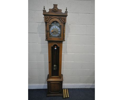 A MID TO LATE 20TH CENTURY CHIMING LONGCASE CLOCK, with a pendulum and three weights, height 202cm (condition:-good condition